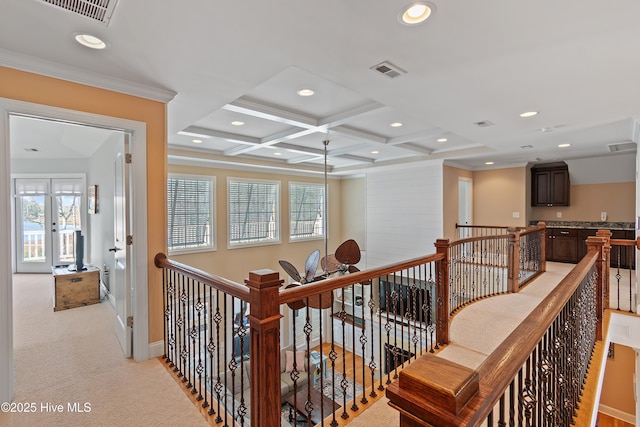1807 Baywater Ct SE, Bolivia, NC 28422 - hallway with light carpet, visible vents, recessed lighting, an upstairs landing, and coffered ceiling