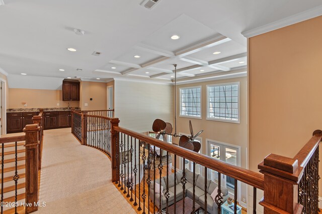 1807 Baywater Ct SE, Bolivia, NC 28422 - corridor featuring recessed lighting, an upstairs landing, light colored carpet, coffered ceiling, and beamed ceiling