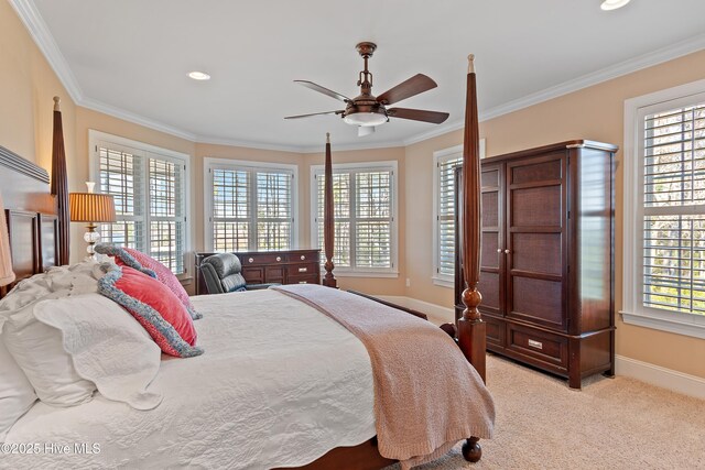 1807 Baywater Ct SE, Bolivia, NC 28422 - bedroom featuring recessed lighting, a ceiling fan, crown molding, baseboards, and light colored carpet