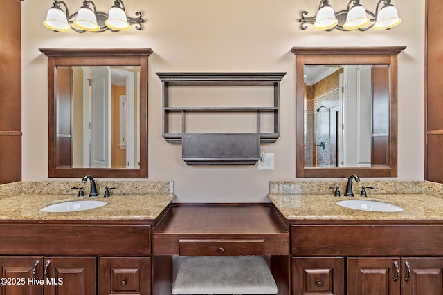 1807 Baywater Ct SE, Bolivia, NC 28422 - full bath with vanity, a shower, and a notable chandelier