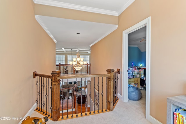 1807 Baywater Ct SE, Bolivia, NC 28422 - hall with an upstairs landing, baseboards, ornamental molding, and an inviting chandelier