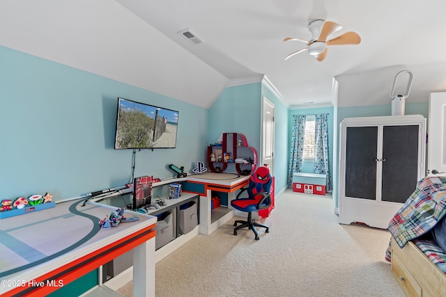 1807 Baywater Ct SE, Bolivia, NC 28422 - carpeted office space featuring vaulted ceiling, baseboards, visible vents, ceiling fan, and ornamental molding