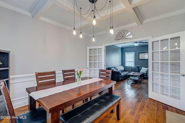 dining area with dark wood finished floors, crown molding, french doors, and coffered ceiling