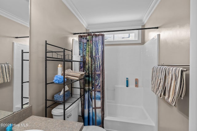 full bathroom with vanity, toilet, and ornamental molding