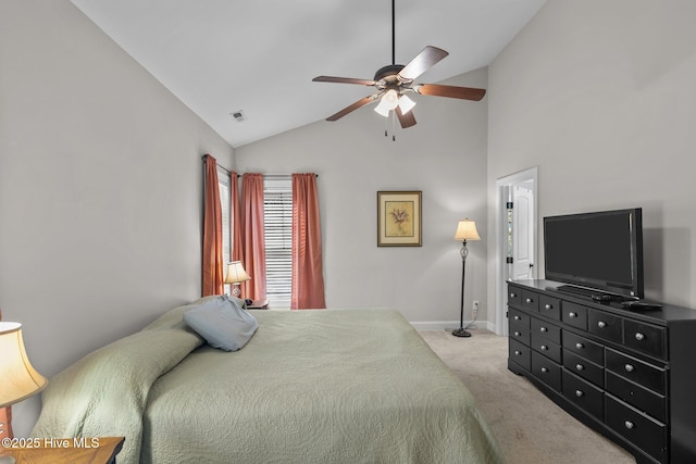 bedroom with visible vents, baseboards, lofted ceiling, light carpet, and a ceiling fan