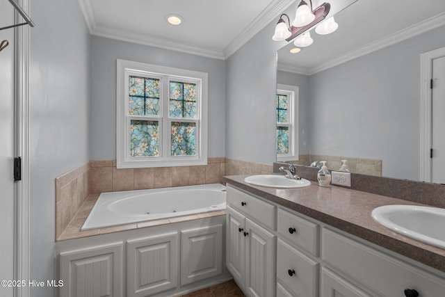 bathroom with a sink, a tub with jets, and crown molding