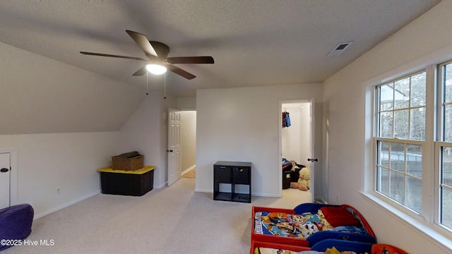 rec room featuring visible vents, carpet floors, and baseboards