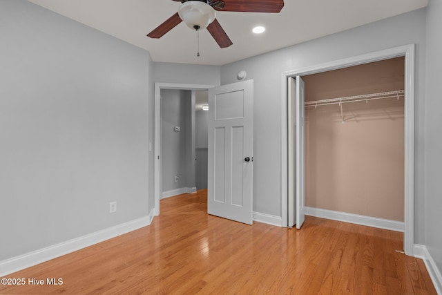 126 Lightwater Dr, Aberdeen, NC 28315 - unfurnished bedroom with ceiling fan, baseboards, a closet, light wood finished floors, and recessed lighting