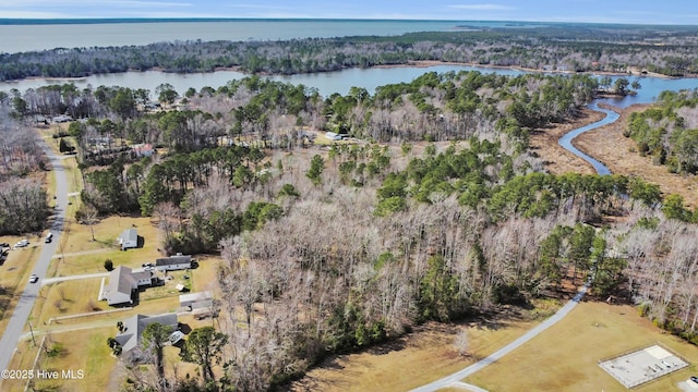 drone / aerial view with a forest view and a water view