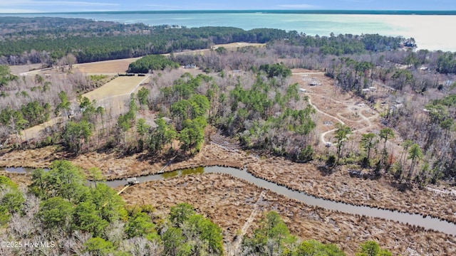 aerial view with a forest view and a water view