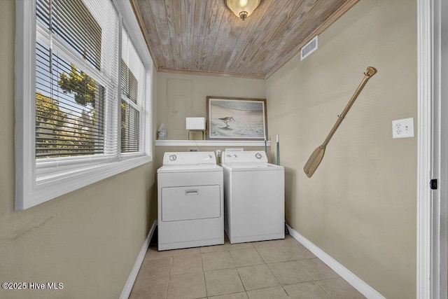 laundry area with visible vents, laundry area, light tile patterned flooring, separate washer and dryer, and wood ceiling