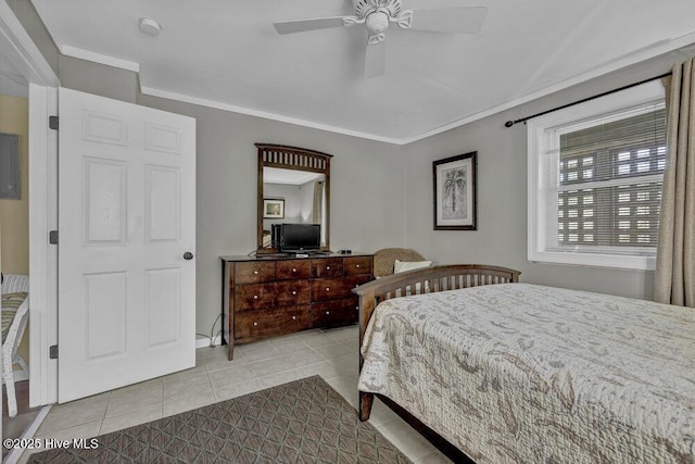 bedroom with tile patterned flooring, ceiling fan, and ornamental molding