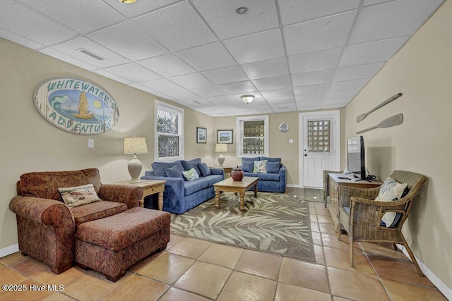 613 N Anderson Blvd, Topsail Beach, NC 28445 - tiled living area with visible vents, a paneled ceiling, and baseboards