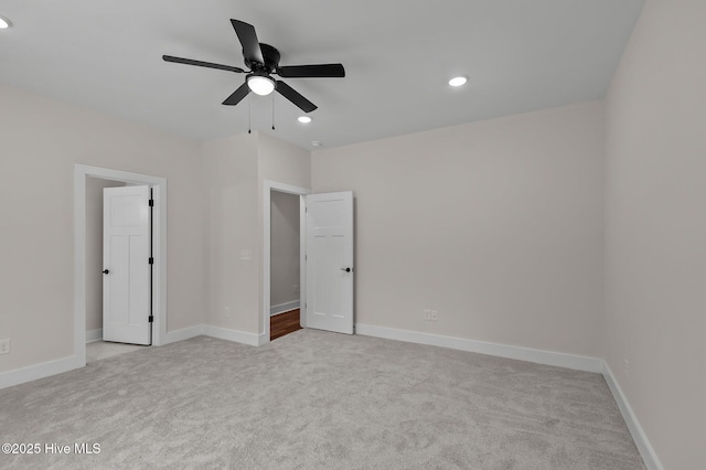 unfurnished bedroom with recessed lighting, baseboards, carpet, and ceiling fan