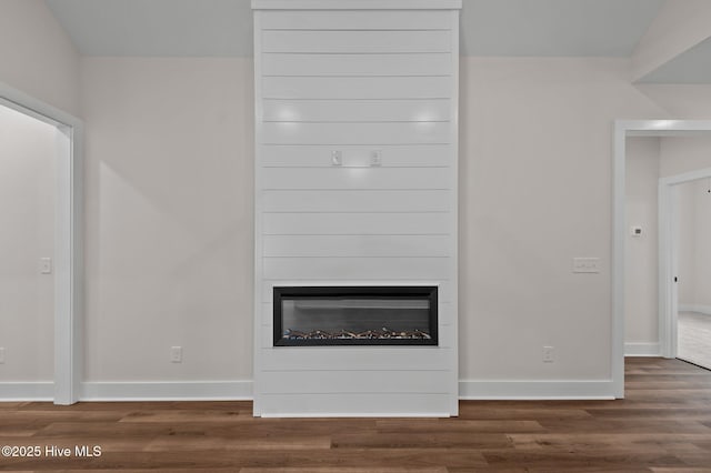 details with a large fireplace, baseboards, and wood finished floors