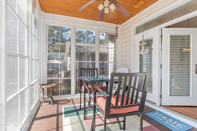 sunroom / solarium featuring wooden ceiling and a ceiling fan