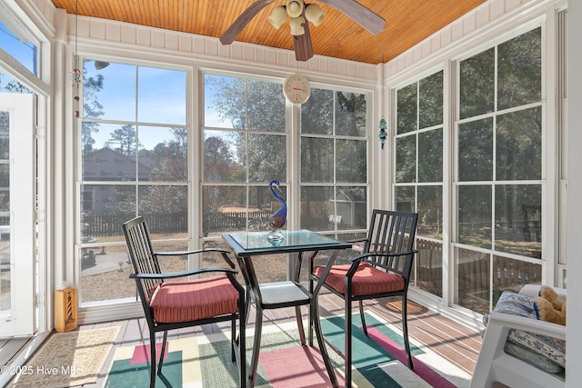 sunroom / solarium with wooden ceiling and ceiling fan