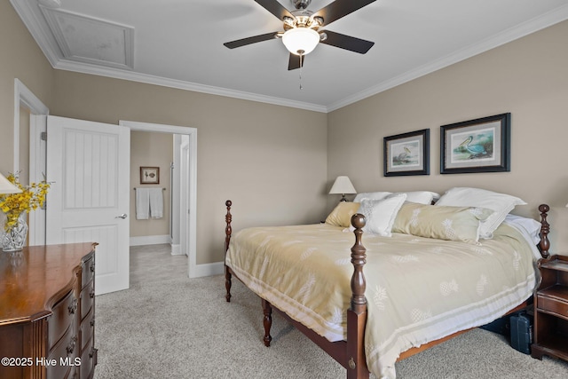 bedroom with baseboards, light carpet, a ceiling fan, and crown molding