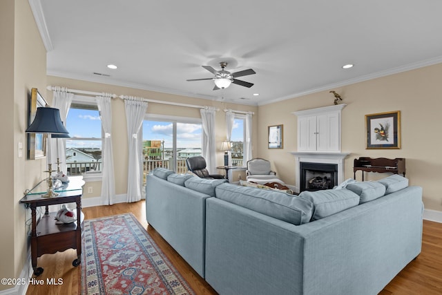 living area featuring a fireplace, crown molding, wood finished floors, and baseboards