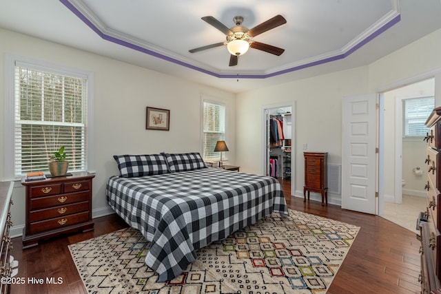 bedroom with a raised ceiling, multiple windows, and wood finished floors