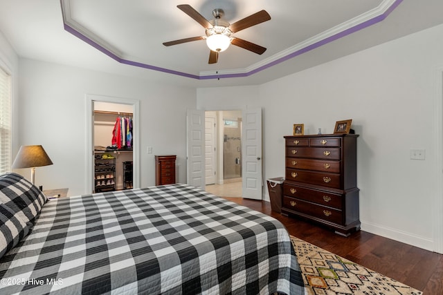 bedroom with a spacious closet, baseboards, a tray ceiling, wood finished floors, and a closet