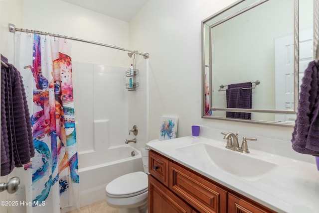 full bath featuring toilet, shower / bath combo, and vanity