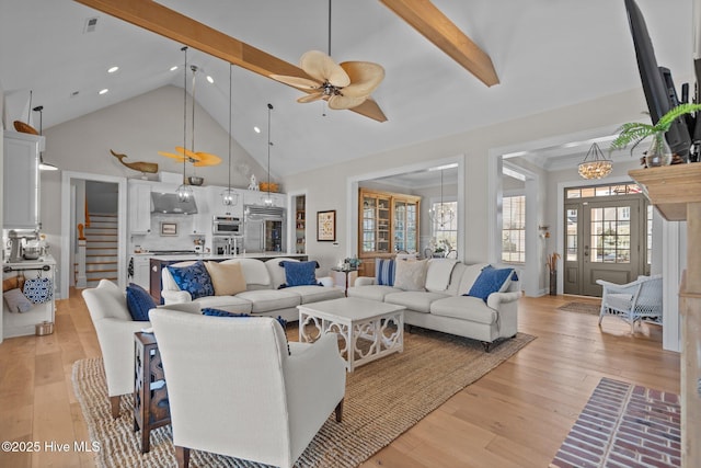 5151 Creswell Dr, Leland, NC 28451 - living room featuring a chandelier, beam ceiling, high vaulted ceiling, recessed lighting, and light wood finished floors