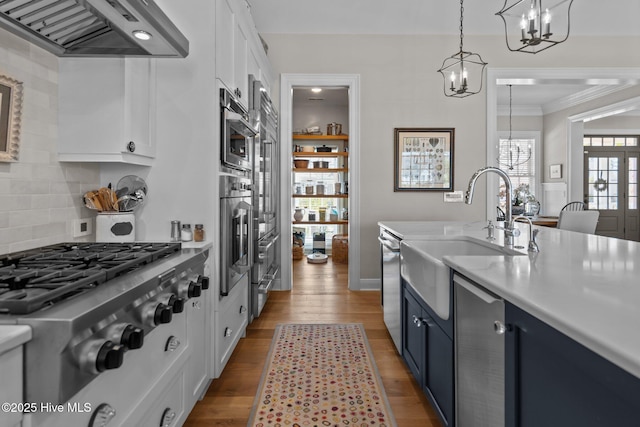 5151 Creswell Dr, Leland, NC 28451 - kitchen with a chandelier, a sink, ventilation hood, blue cabinetry, and ornamental molding
