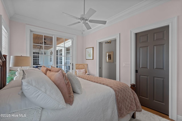 5151 Creswell Dr, Leland, NC 28451 - bedroom featuring crown molding, wood finished floors, and a ceiling fan