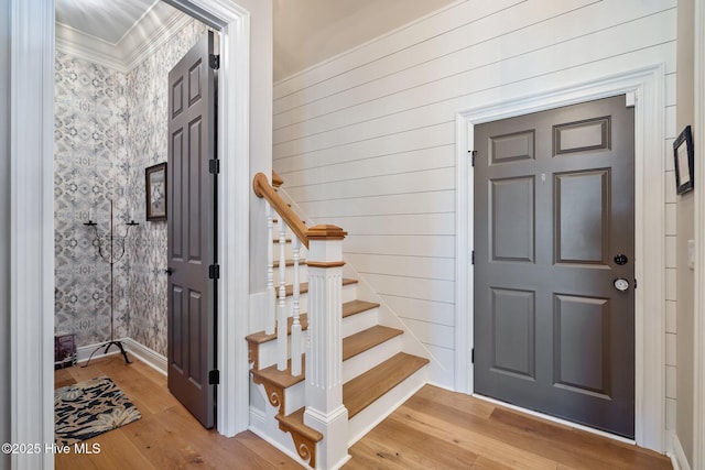 5151 Creswell Dr, Leland, NC 28451 - foyer entrance with stairway, light wood-style flooring, and ornamental molding