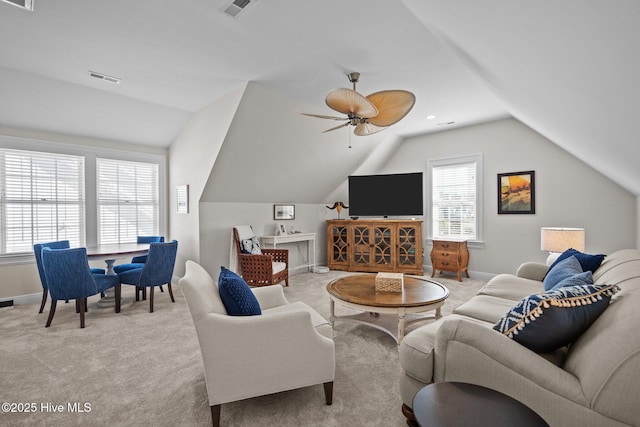 5151 Creswell Dr, Leland, NC 28451 - living area with lofted ceiling, light colored carpet, baseboards, and ceiling fan