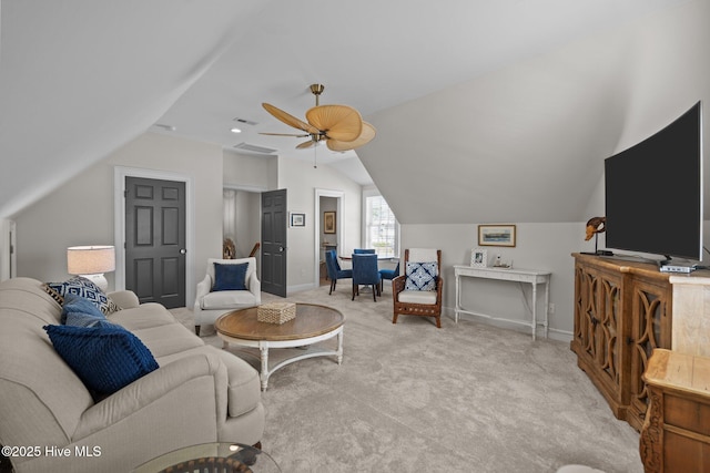 5151 Creswell Dr, Leland, NC 28451 - living area with lofted ceiling, light carpet, a ceiling fan, and baseboards