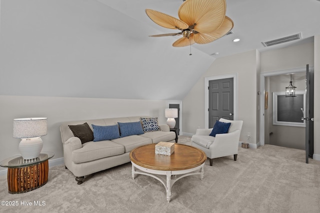 5151 Creswell Dr, Leland, NC 28451 - living area with lofted ceiling, a ceiling fan, carpet flooring, and baseboards
