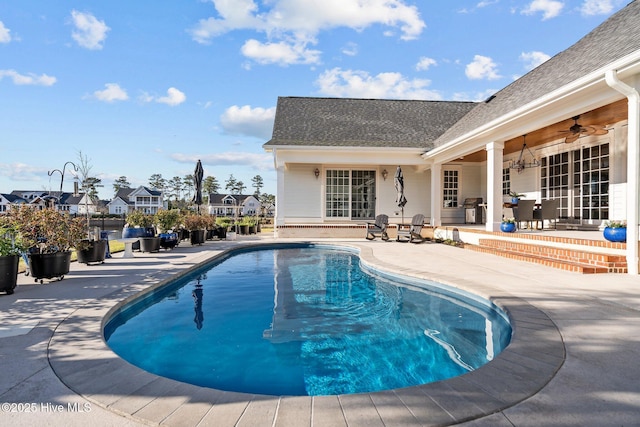 5151 Creswell Dr, Leland, NC 28451 - swimming pool featuring a patio, a ceiling fan, a grill, and a residential view