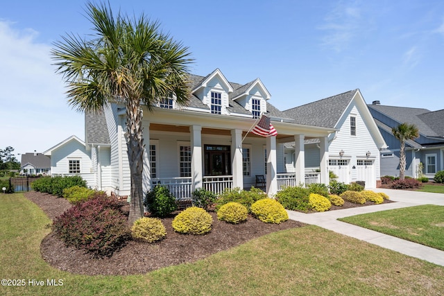 5151 Creswell Dr, Leland, NC 28451 - view of front of house with covered porch, a front lawn, concrete driveway, and roof with shingles