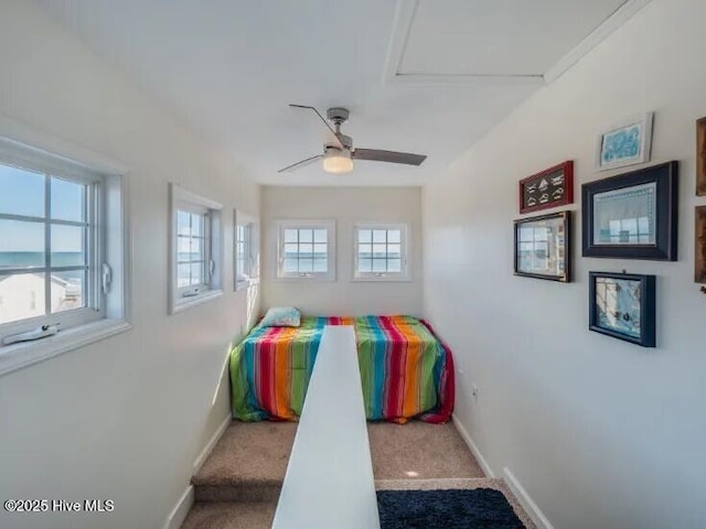 bedroom with carpet flooring, a ceiling fan, and baseboards