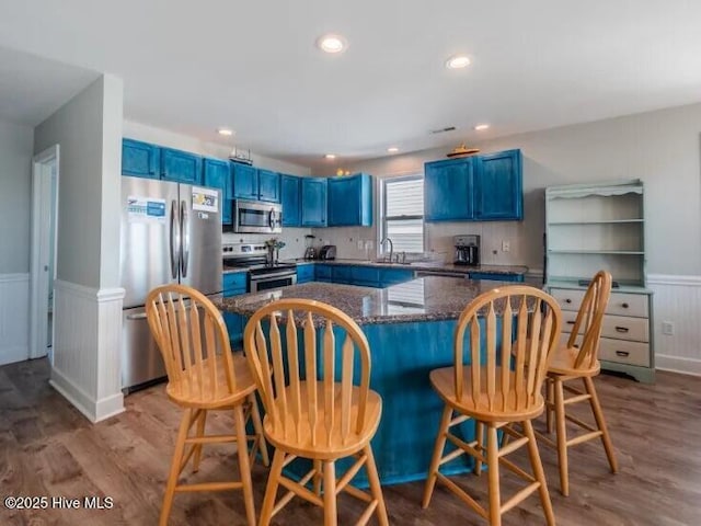 kitchen with blue cabinetry, appliances with stainless steel finishes, wood finished floors, and wainscoting