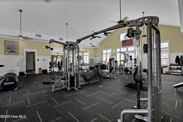 gym featuring plenty of natural light, wainscoting, dark carpet, and ceiling fan