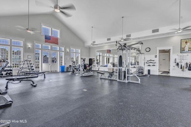 gym with visible vents and ceiling fan