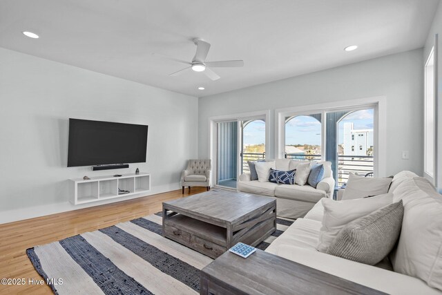 205 Fayetteville Ave Unit 1, Carolina Beach, NC 28428 - living area with ceiling fan, wood finished floors, and recessed lighting