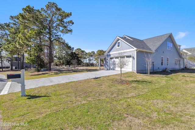 view of home's exterior featuring an attached garage, board and batten siding, roof with shingles, a lawn, and driveway