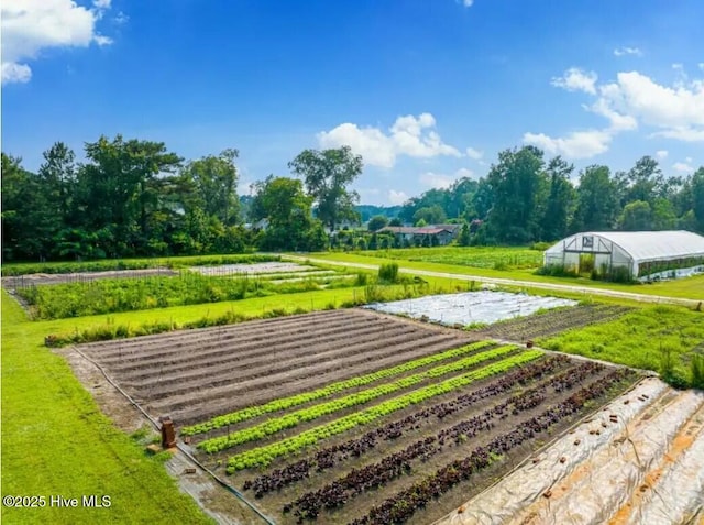 view of community featuring an exterior structure, an outbuilding, a lawn, and a rural view