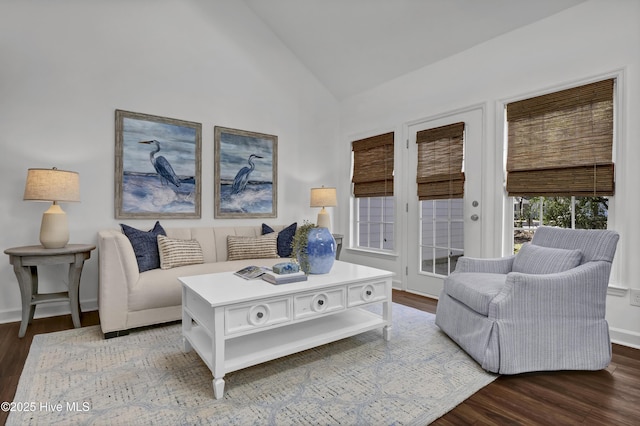 living area featuring baseboards, wood finished floors, and vaulted ceiling