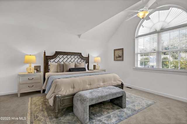 bedroom featuring baseboards, carpet, a ceiling fan, and vaulted ceiling