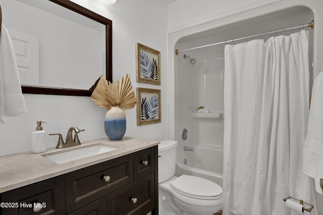 full bathroom with shower / bathtub combination with curtain, toilet, and vanity