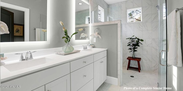 2760 Alvernia Dr, Castle Hayne, NC 28429 - bathroom featuring a shower stall, double vanity, and marble look tile flooring