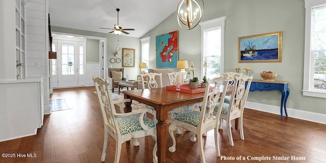 2760 Alvernia Dr, Castle Hayne, NC 28429 - dining space with plenty of natural light, dark wood-style floors, a ceiling fan, lofted ceiling, and baseboards