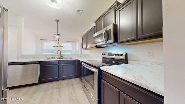 kitchen with visible vents, light wood finished floors, a sink, appliances with stainless steel finishes, and pendant lighting