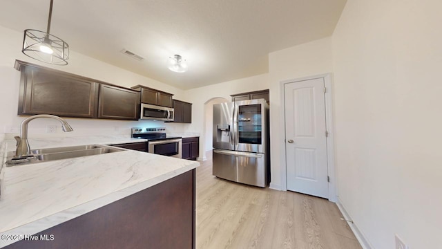 kitchen with visible vents, dark brown cabinetry, light wood-type flooring, appliances with stainless steel finishes, and a sink