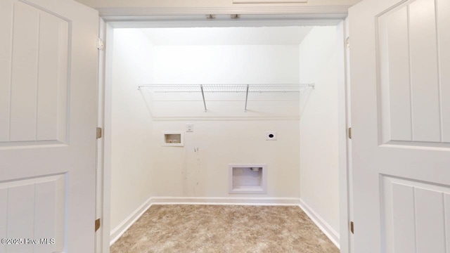 clothes washing area featuring hookup for a washing machine, baseboards, hookup for an electric dryer, laundry area, and light colored carpet